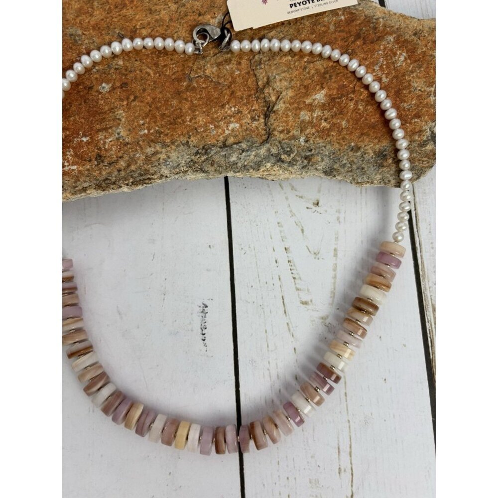 Peyote Bird Pearl Agate Sterling Silver Beaded‎ Necklace 20” J034